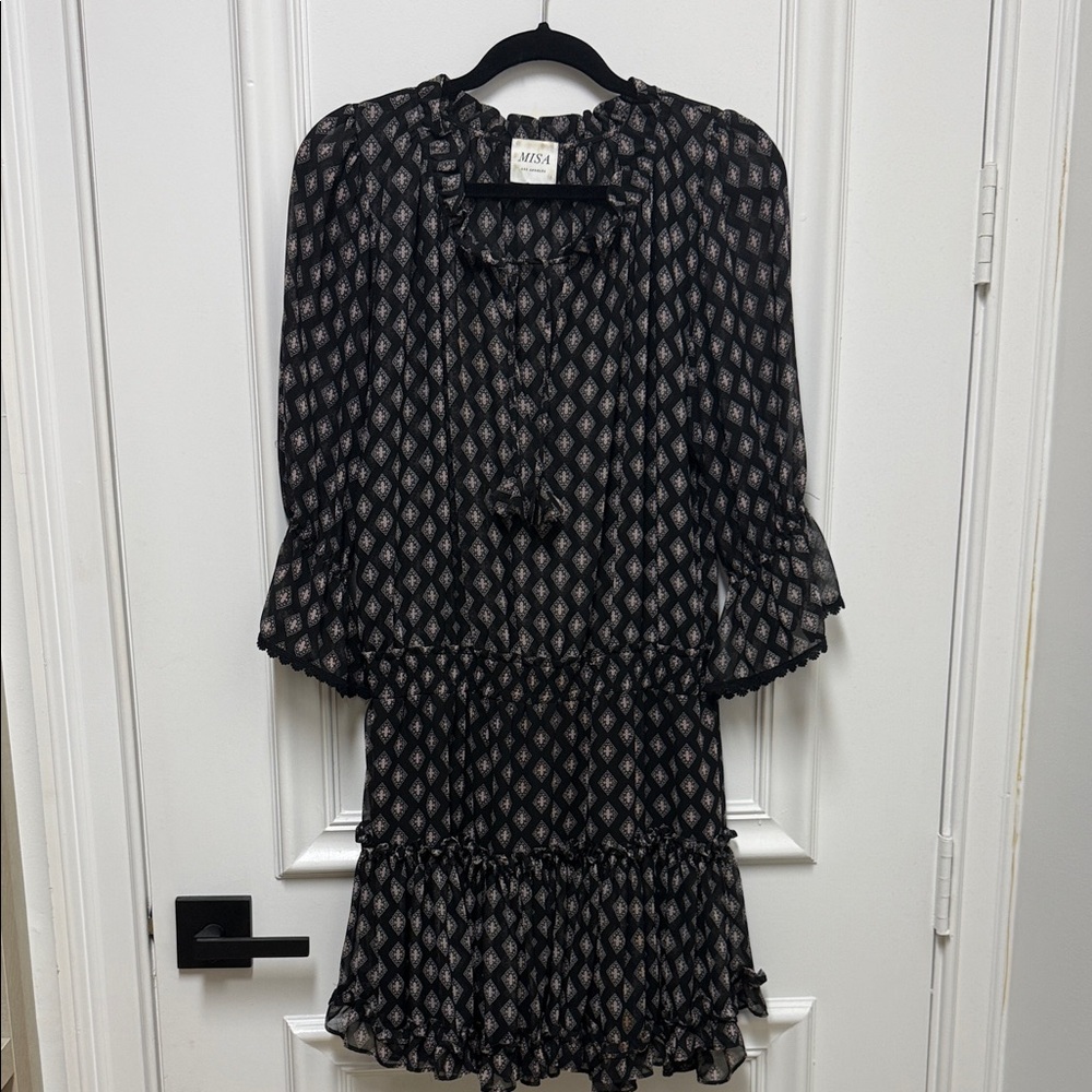 MISA Los Angeles Black Diamond-Print Ruffle Tiered Dress